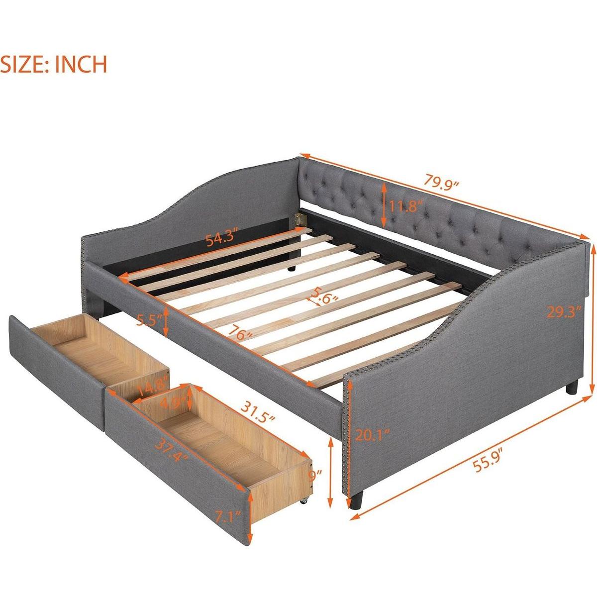 Upholstered daybed with Two Drawers, Wood Slat Support, Gray, Full Size