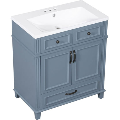 30" Bathroom Vanity with Resin Sink,Solid Wood Frame Bathroom Storage Cabinet with Soft Closing Doors,Retro Style, Blue