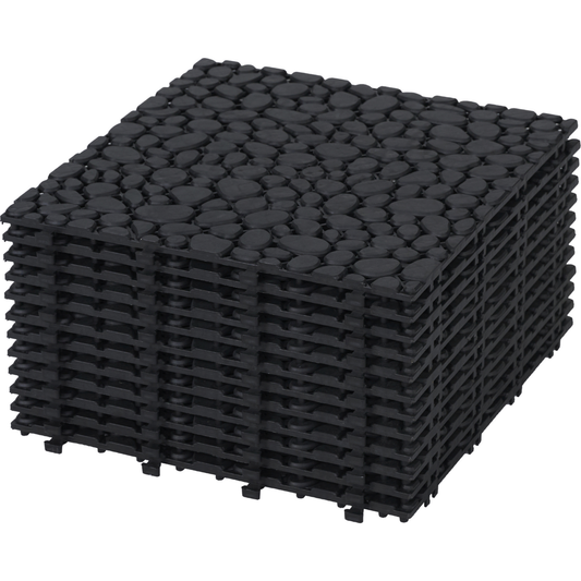 12 x 12 Inch Black Interlocking Deck Tiles Plastic Waterproof Outdoor All Weather Anti-slip Bathroom Shower Balcony Porch Strong Weight Capacity Upto 440 LBS, Pebble Stone Pattern Pack of 12