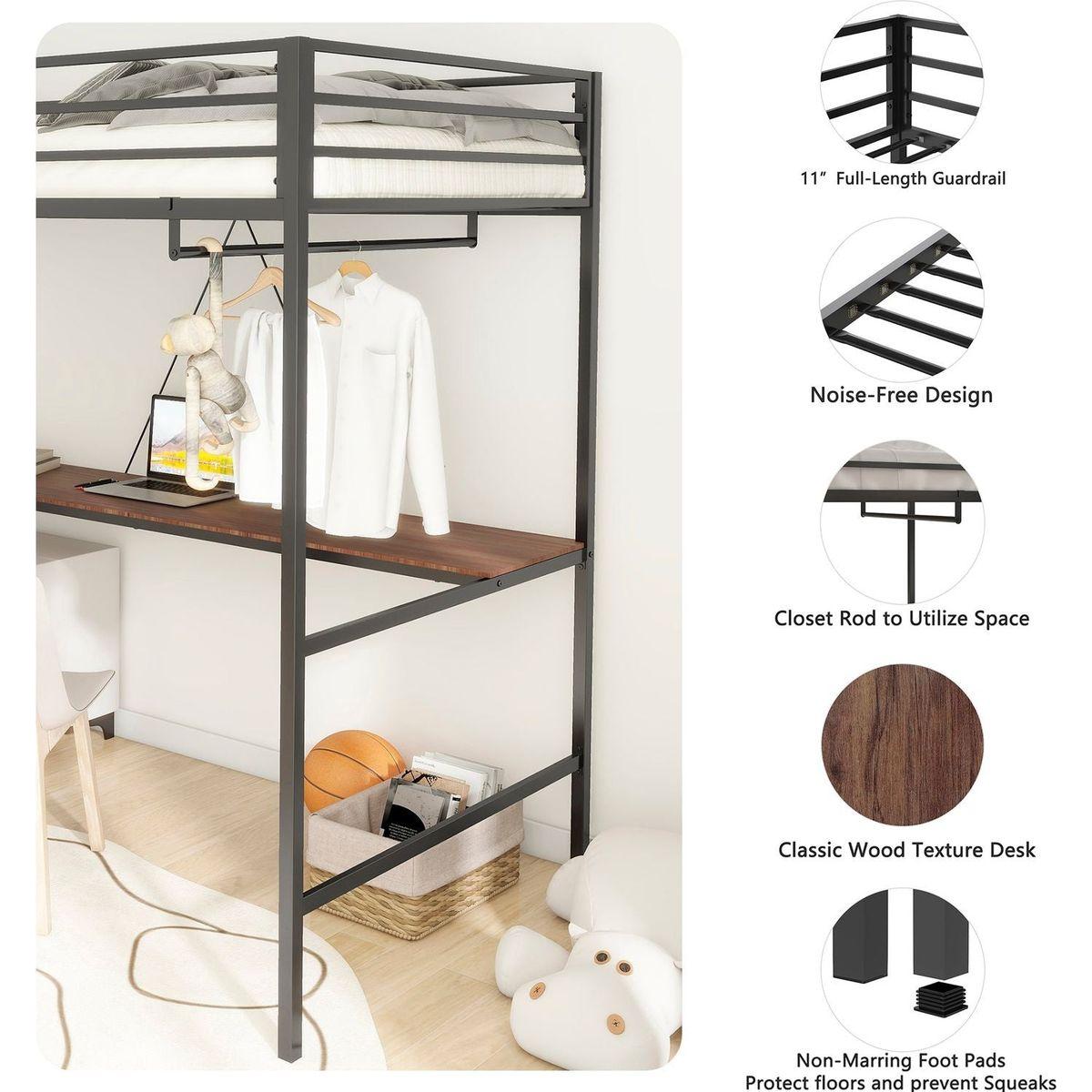 Adam Sturdy Twin Loft Bunk Black with Cinnamon Wood Desk and Closet Rod for Adult and Kids, and Easy Climbing with Sturdy Ladder, Space Saving