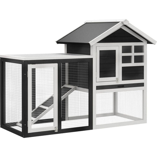 48" Wooden Rabbit Hutch Bunny Cage with Waterproof Asphalt Roof, Fun Outdoor Run, Removable Tray and Ramp, Grey