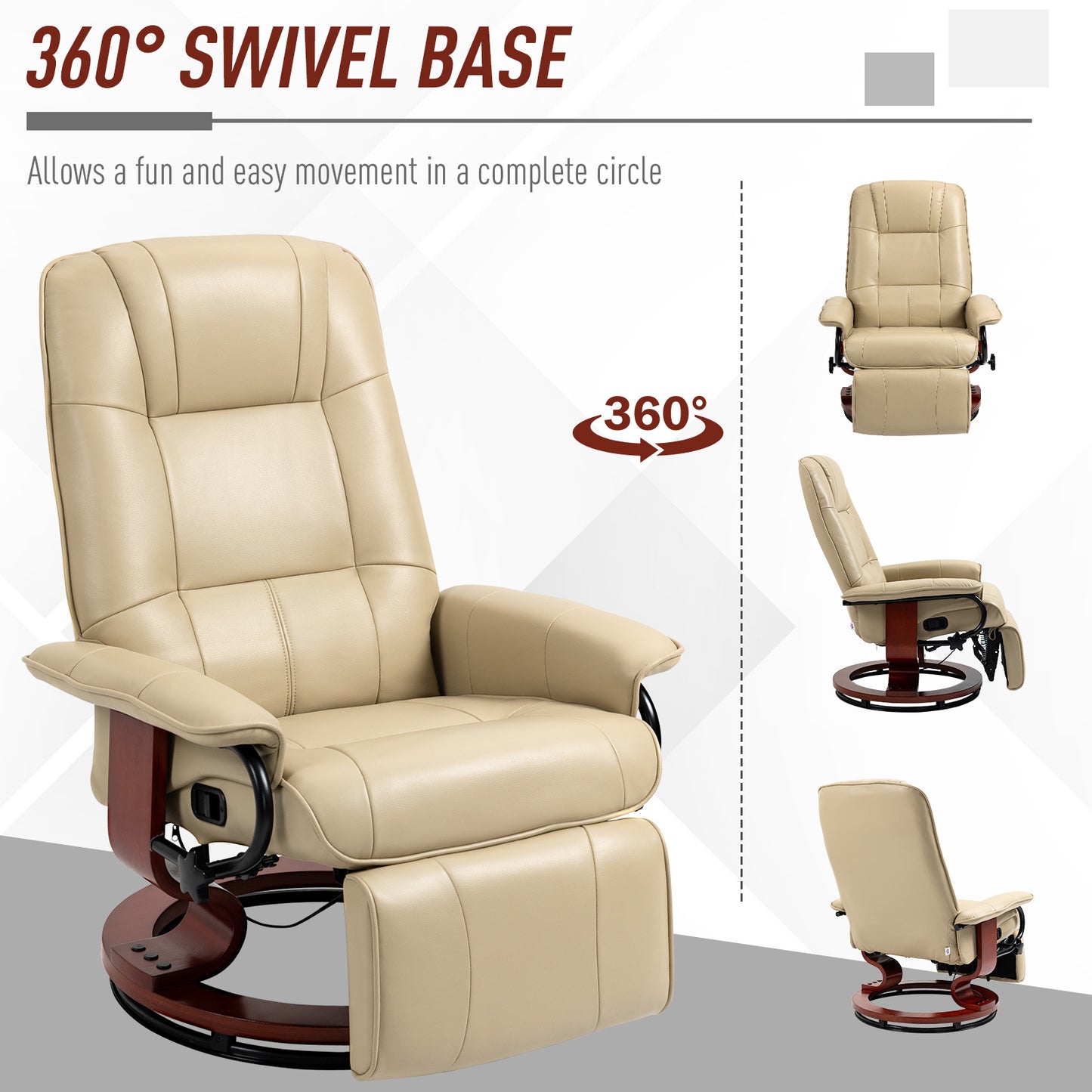 Faux Leather Manual Recliner with Swivel Wood Base, White