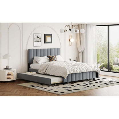 Queen Size Velvet Upholstered Platform Bed with 2 Drawers and 1 Twin XL Trundle- Gray - Streamdale Furniture