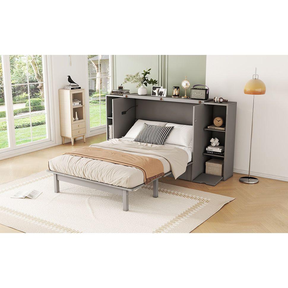 Full Size Murphy Bed with Shelves, Drawers and USB Ports,Gray