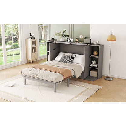 Full Size Murphy Bed with Shelves, Drawers and USB Ports,Gray