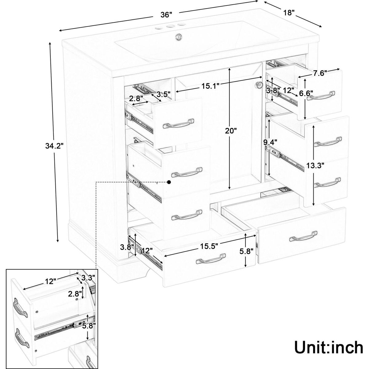 36" Bathroom Vanity with Sink Combo, Six Drawers, Multi-Functional Drawer Divider, Adjustable Shelf, Grey