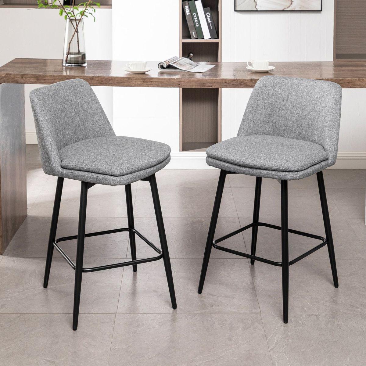 Counter Height Swivel Bar Stools Set of 2, 360 Swivel Upholstered Barstools with Back and Metal Legs, 25.6" Seat Height,Counter Stools for Kitchen Island and Pub,Linen Cloth,Grey