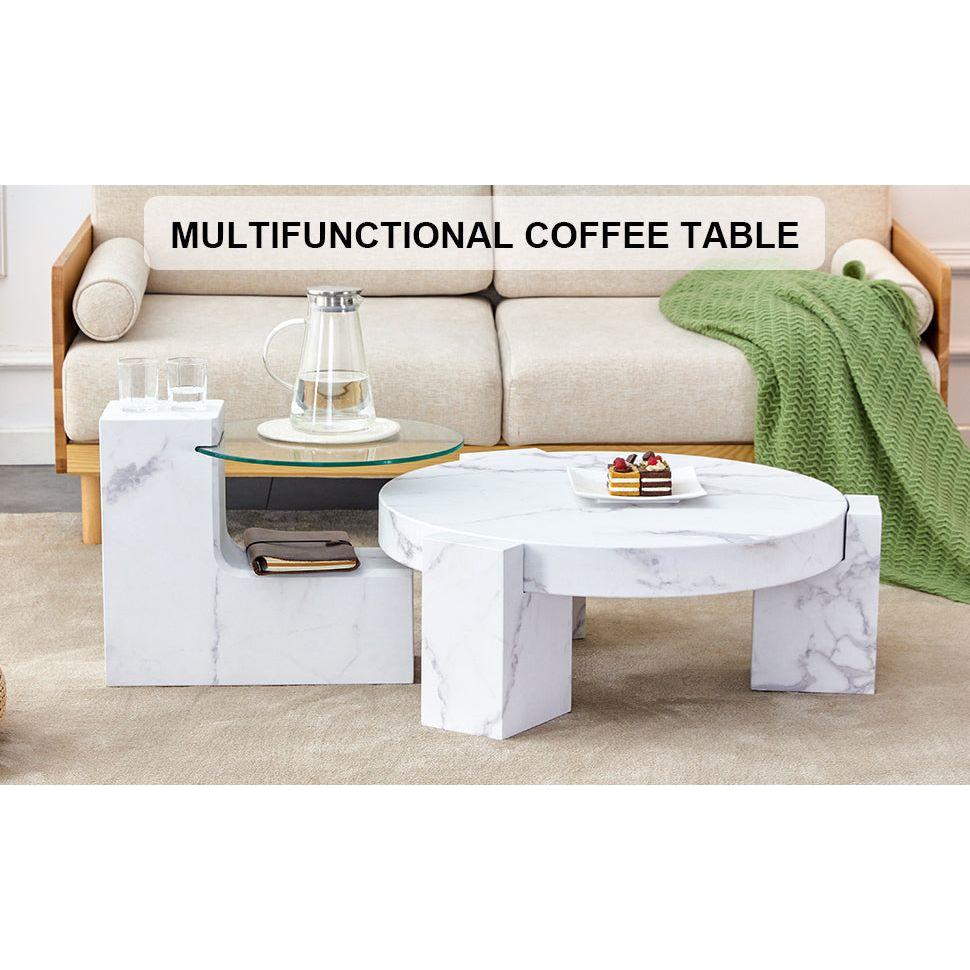 A modern, fashionable, and durable marble textured MDF coffee table with a side table. Match with multiple scenes. Suitable for living room and bedroom.