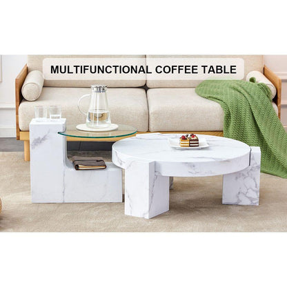 A modern, fashionable, and durable marble textured MDF coffee table with a side table. Match with multiple scenes. Suitable for living room and bedroom.