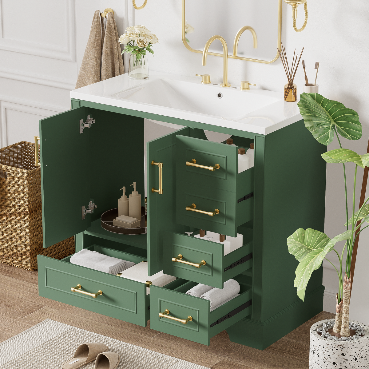 36-inch Traditional Bathroom Vanity with Resin Sink Combo Set, Green Bathroom Cabinet with Two Doors and Four Drawers