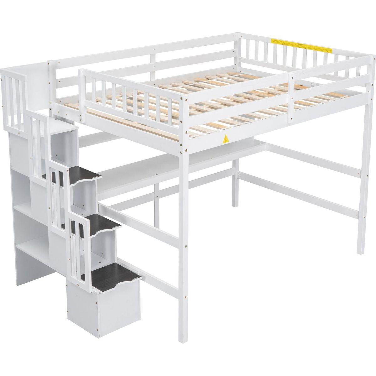 Full Size Loft Bed with Built-in Desk, Bookshelves and Storage Staircase,White