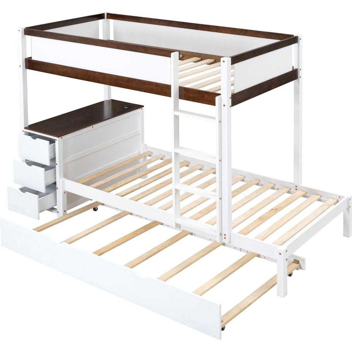 Twin-Over-Twin Bunk Bed with Twin size Trundle, Storage and Desk, White+Walnut
