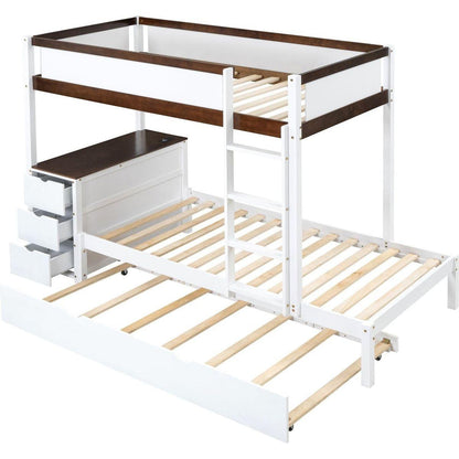 Twin-Over-Twin Bunk Bed with Twin size Trundle, Storage and Desk, White+Walnut