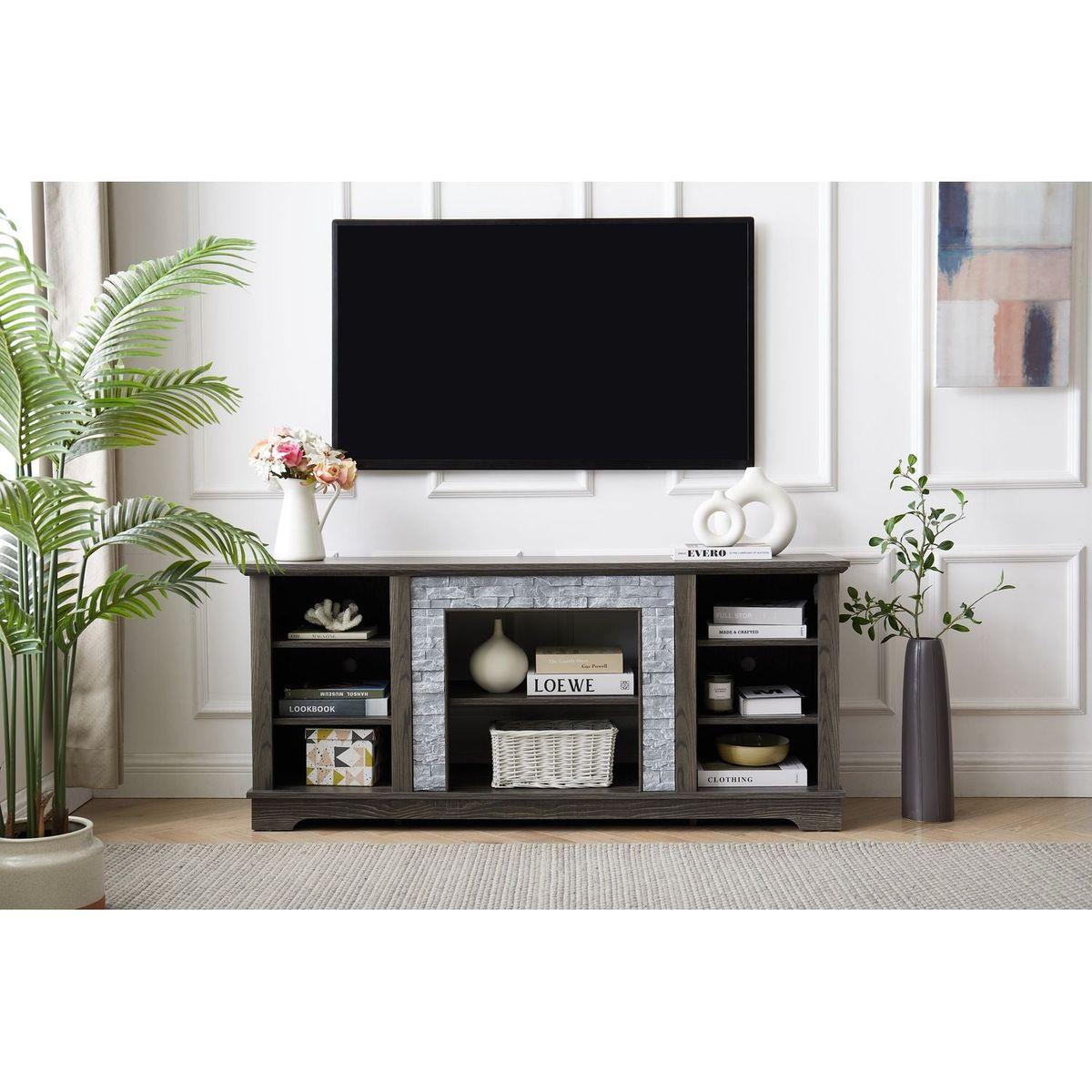 Mantel Stone TV Media Stand with with Faux Stacked Stone Surround, Modern Entertainment Console with Open Storage Space,Grey, 58.31"Wx15.39"Dx26.06"H