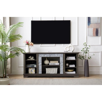 Mantel Stone TV Media Stand with with Faux Stacked Stone Surround, Modern Entertainment Console with Open Storage Space,Grey, 58.31"Wx15.39"Dx26.06"H