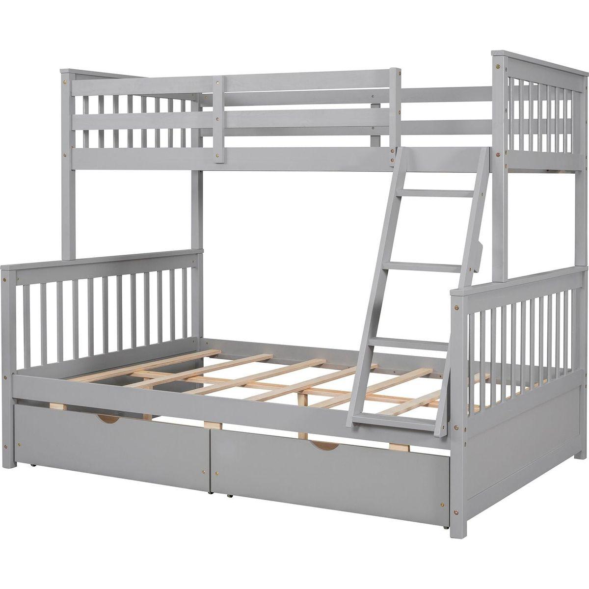 Twin-Over-Full Bunk Bed with Ladders and Two Storage Drawers(Gray){o