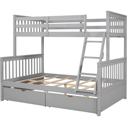 Twin-Over-Full Bunk Bed with Ladders and Two Storage Drawers(Gray){o