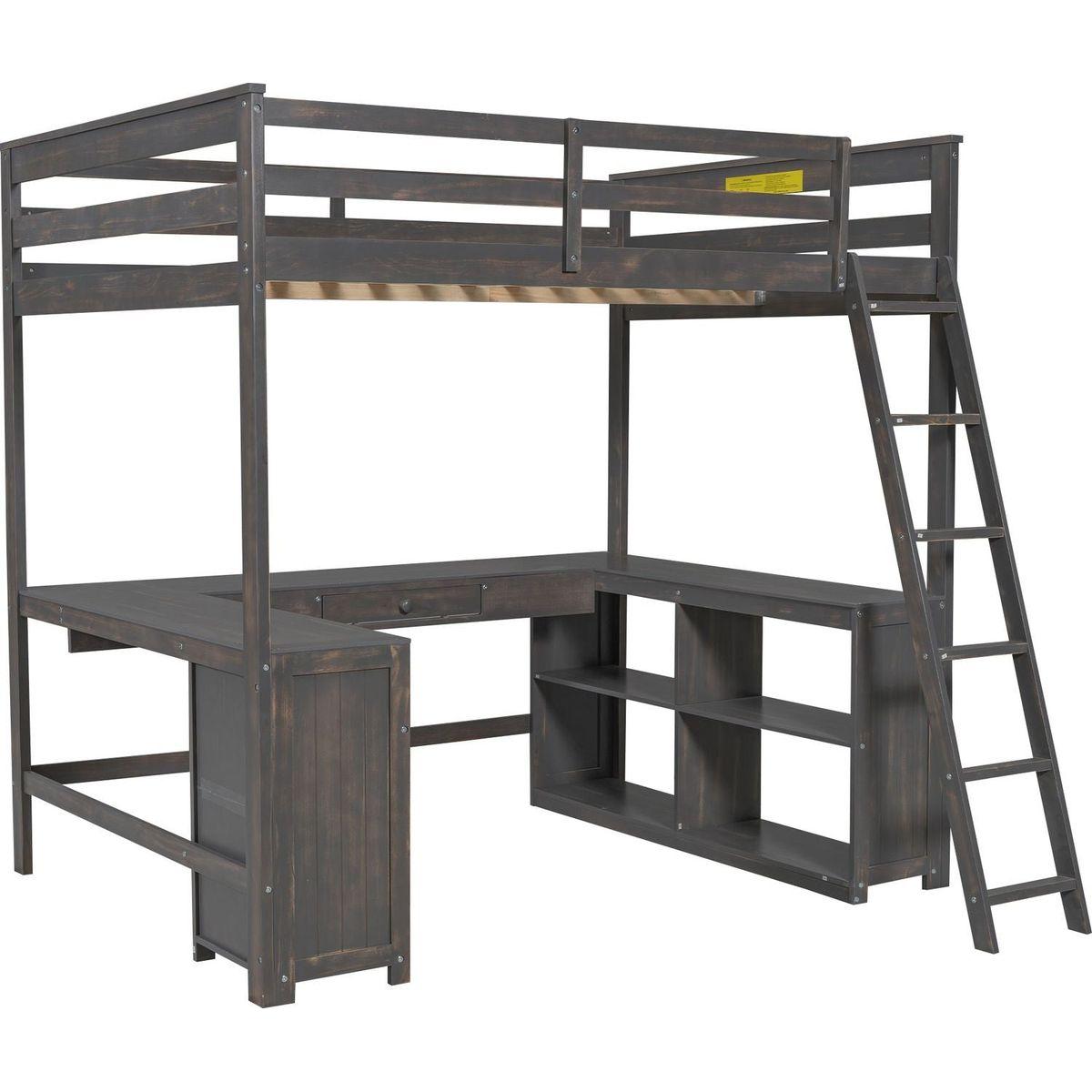 Full Size Loft Bed with U-shaped Desk, Drawers and Storage Shelves, Antique Brown