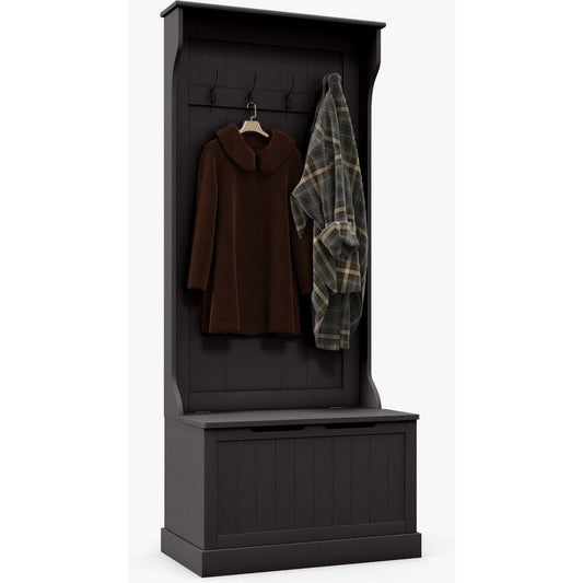 28" 3-In-1 Entryway Hall Tree with Storage Bench, Coat Rack with Four Hooks and Shoe Storage, Black