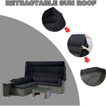 7-Piece Patio Furniture Set w/Retractable Canopy Wicker Rattan Sectional Sofa Set Patio Furniture with Washable Cushions for Lawn, Garden, Backyard, Poolside Grey wicker + Black Cushion