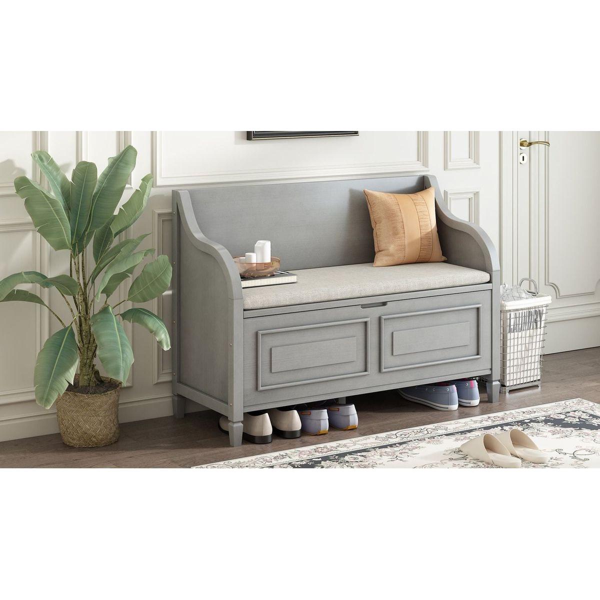 Rustic Style Solid wood Entryway Multifunctional Storage Bench with Safety Hinge (Gray Wash+ Beige)