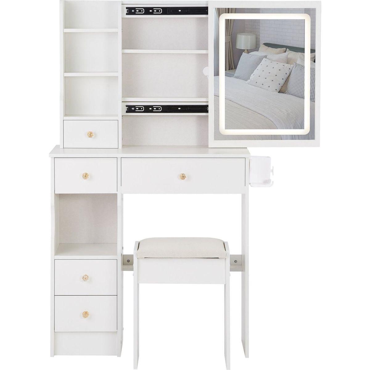 Small Size Left Drawer Desktop Vanity Table + Cushioned Stool, 2 AC+2 USB Power Station, Hair dryer bracket, Extra Large Touch Control Sliding LED Mirror, Tri-color Switching, EPA,GCC,UL Certificate