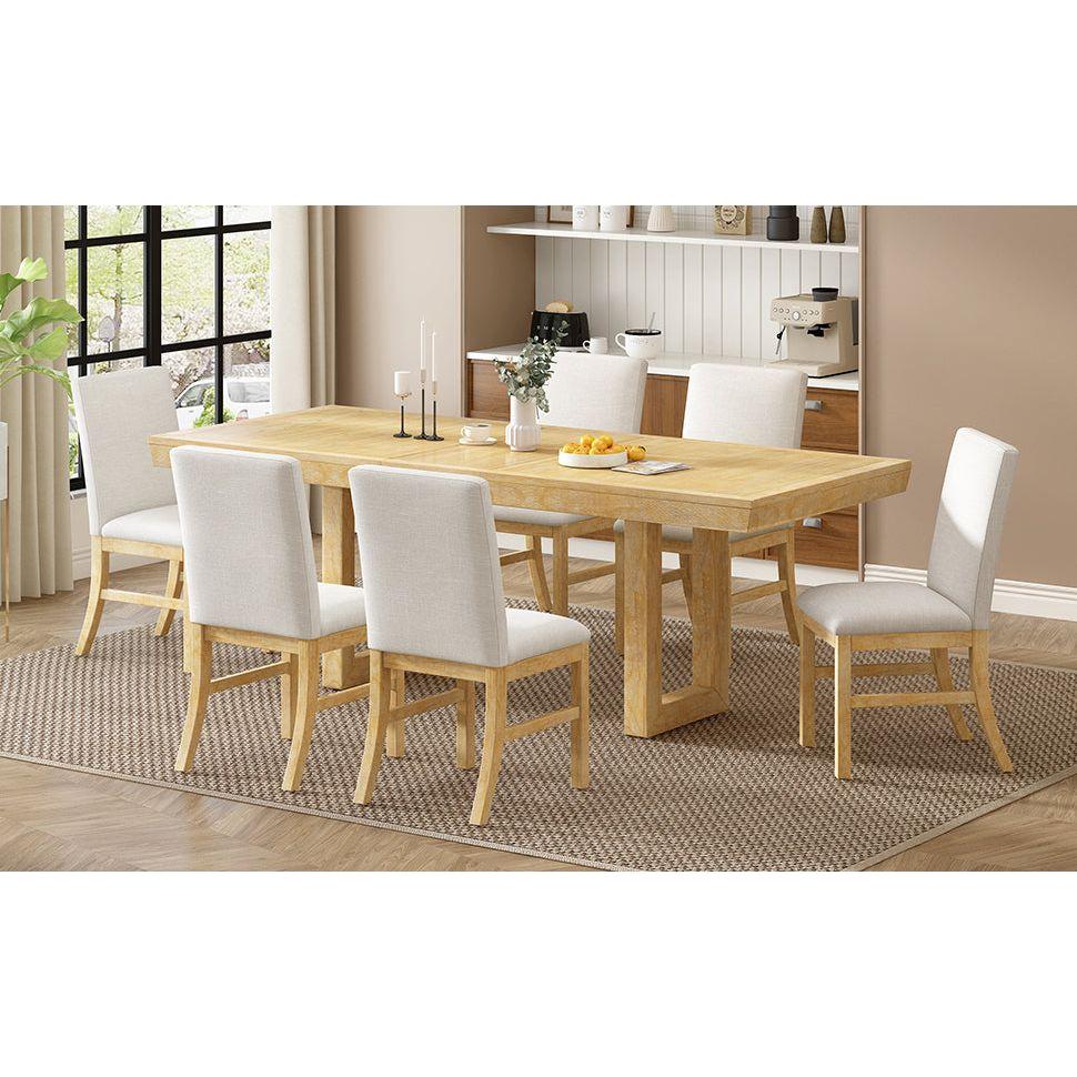 Traditional 7-Piece 72" Extendable Dining Table Set with 12inch Butterfly Leaf and 6 Upholstered Dining Table Set, Natural