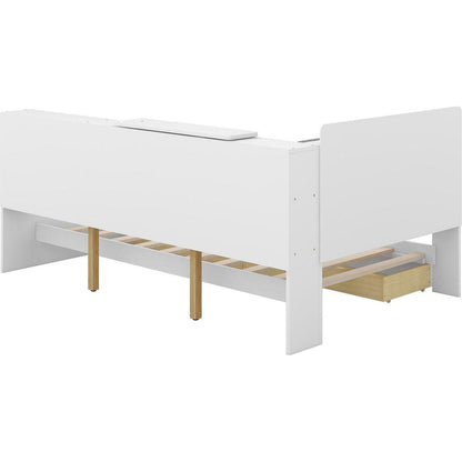 Wood Twin Size platform bed with Storage Headboard, Shelves and 2 Drawers, White