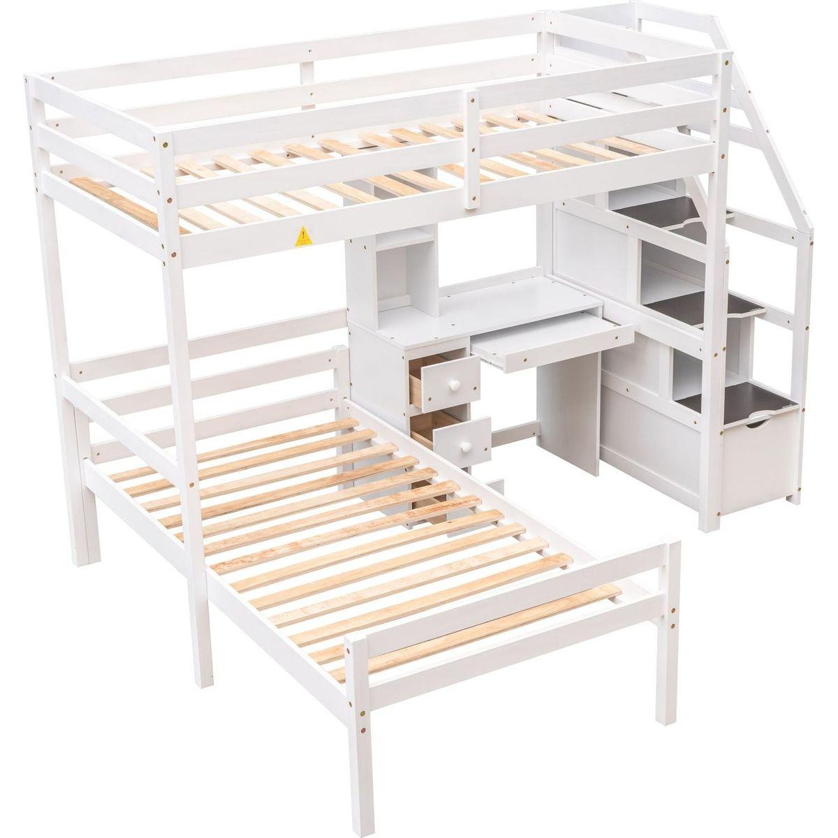Twin Size Loft Bed with a Stand-alone Bed, Storage Staircase, Desk, Shelves and Drawers, White
