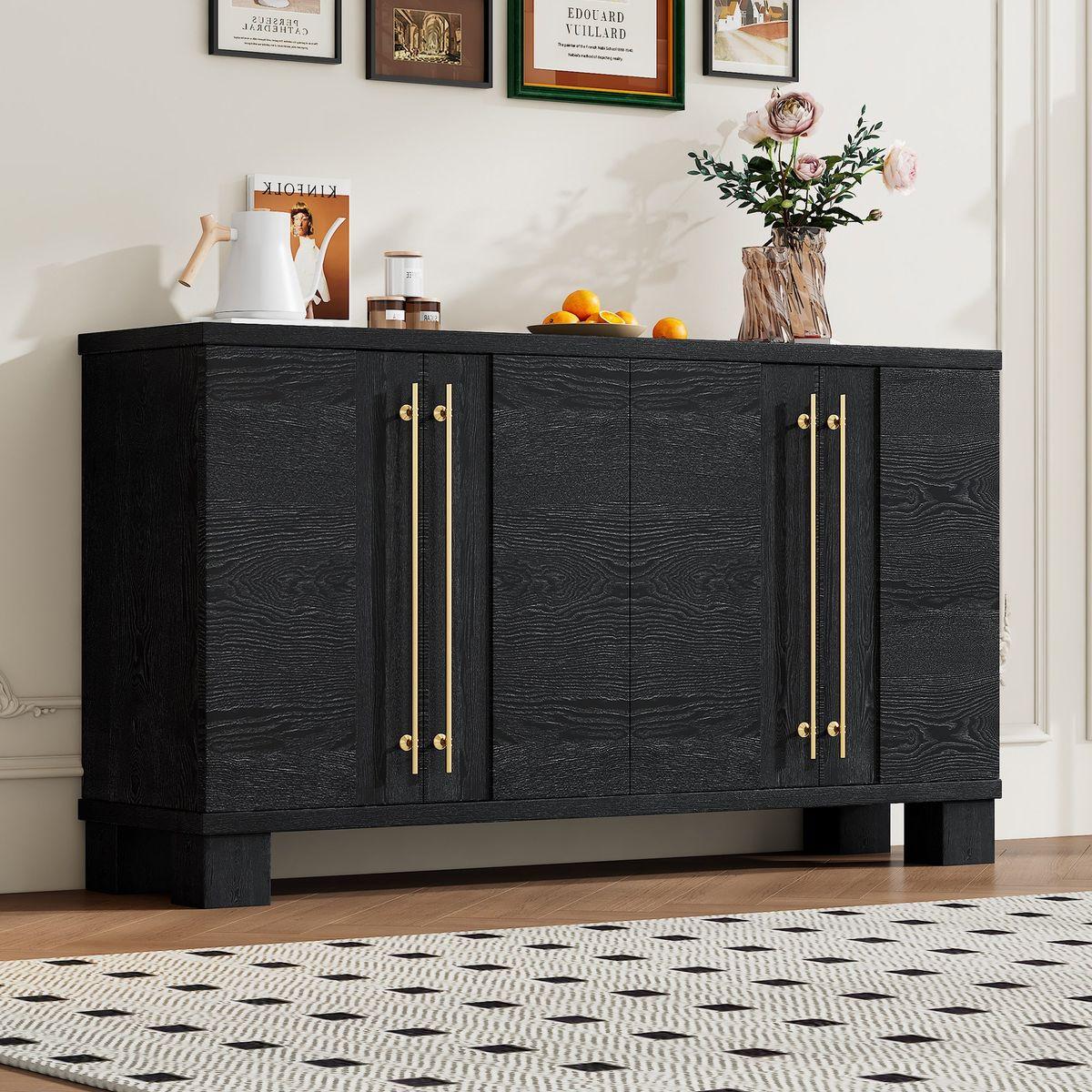TREXM Sideboard Buffet Cabinet with Storage, Wood Sideboard with Adjustable Shelves and Gold Handles for Kitchen, Dining Room and Living Room (Black)