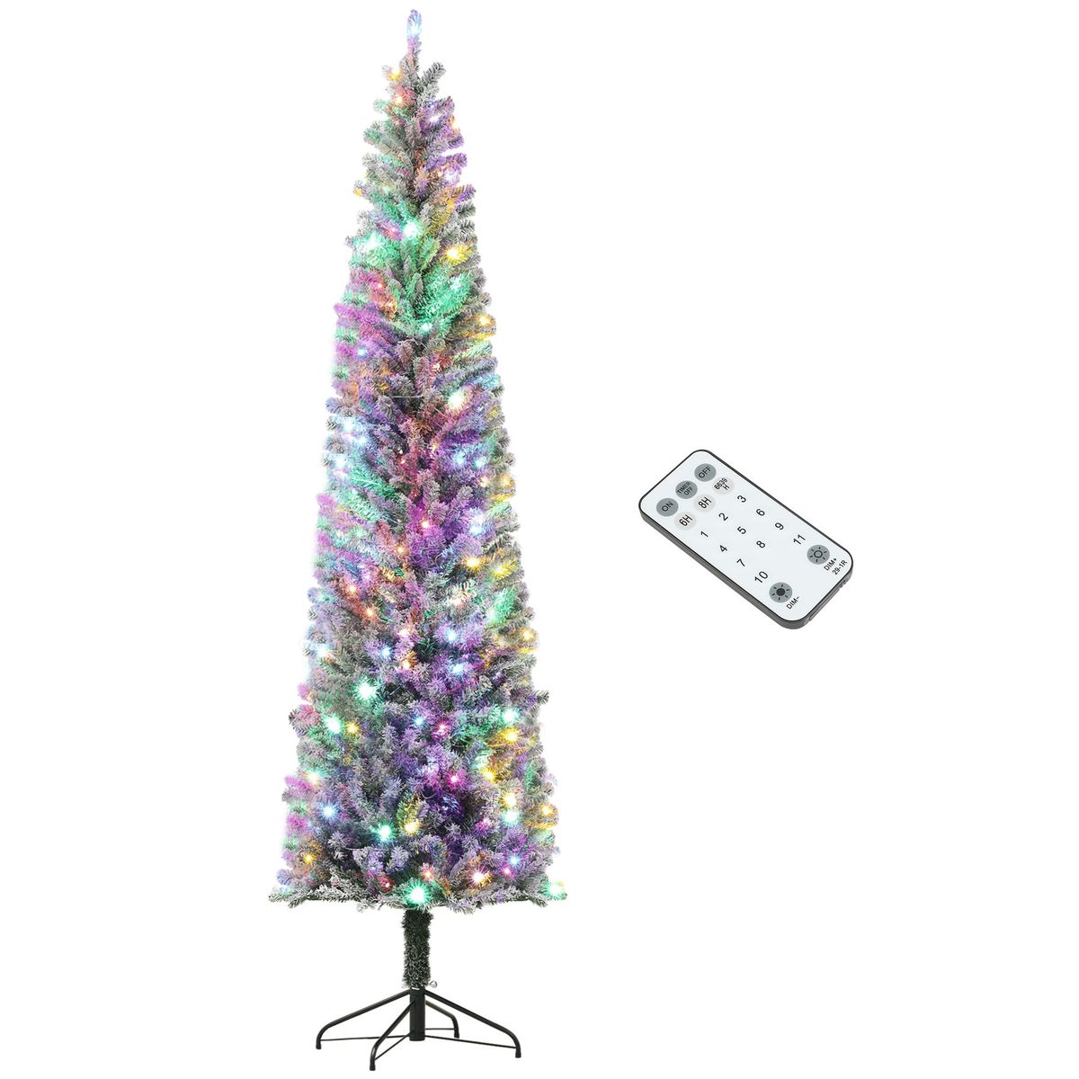 HOMCOM 9 ft Pre-Lit Pencil Christmas Tree, Artificial Christmas Tree with 310 Dual Color LED Lights and 895 Branch Tips, Flocked Xmas Tree with Metal Stand for Holiday Party, Green