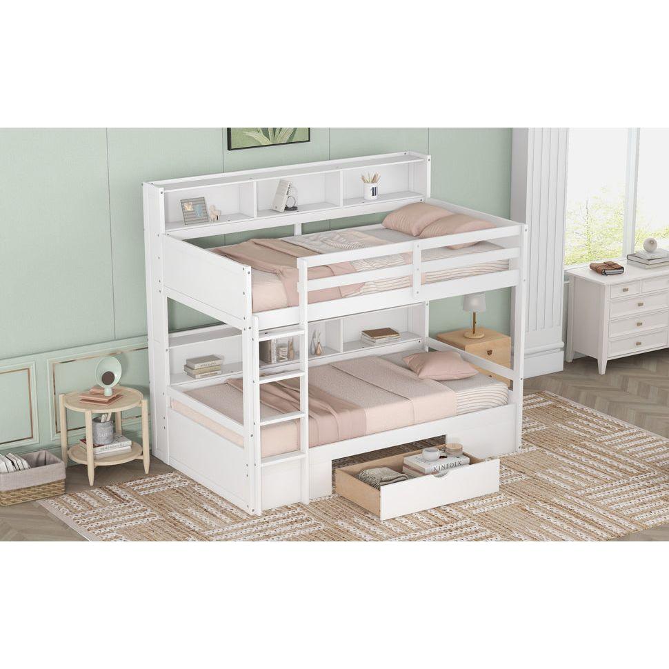 Twin Size Bunk Bed with Built-in Shelves Beside both Upper and Down Bed and Storage Drawer,White