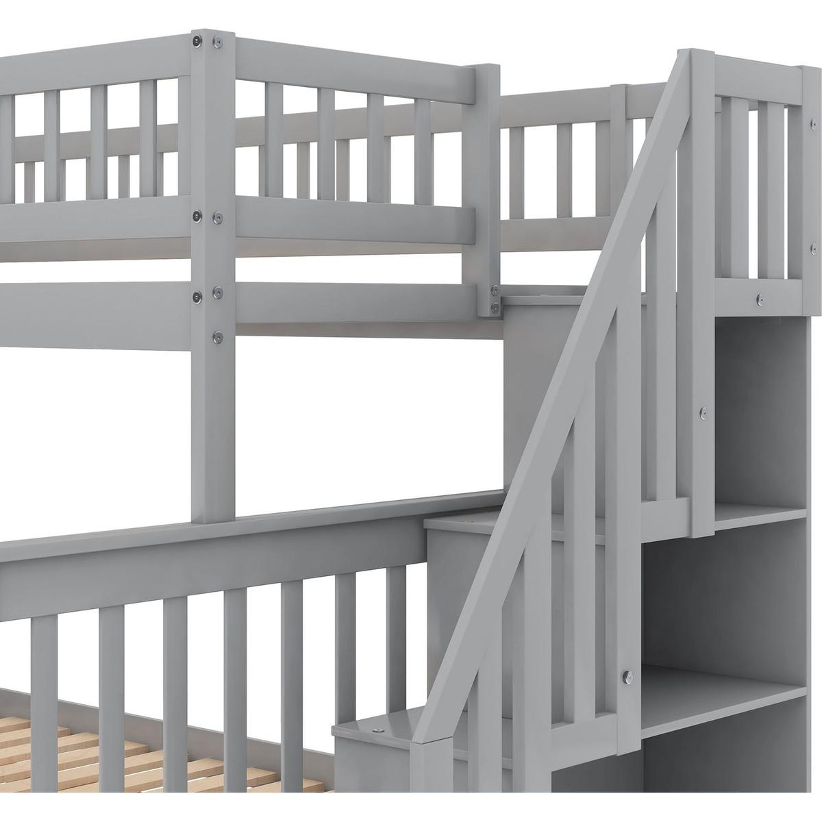 Twin over Full Stairway Bunk Bed with Storage, Gray