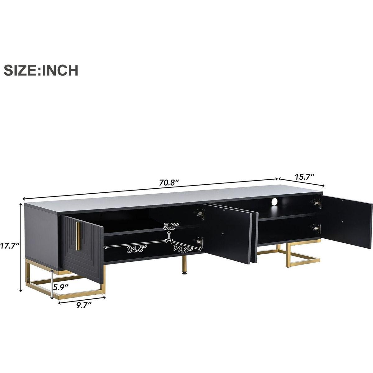 Modern TV Stand with Metal Legs and Gold Handles for TVs Up to 80", Media Console Table with Cabinets and Adjustable Shelves, Luxury TV Cabinet with Geometric Lines for Living Room, Black