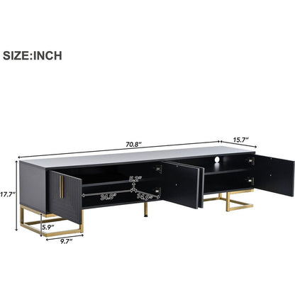 Modern TV Stand with Metal Legs and Gold Handles for TVs Up to 80", Media Console Table with Cabinets and Adjustable Shelves, Luxury TV Cabinet with Geometric Lines for Living Room, Black