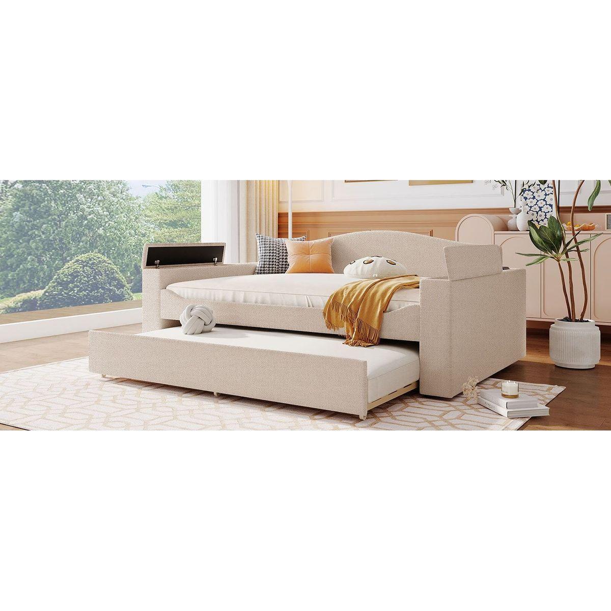 Full Size Upholstered Daybed with Storage Armrests, Trundle and Latest Integrated Bluetooth Audio System, Teddy Fleece, Beige