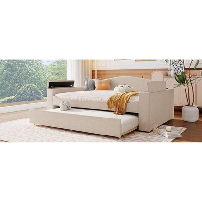 Full Size Upholstered Daybed with Storage Armrests, Trundle and Latest Integrated Bluetooth Audio System, Teddy Fleece, Beige