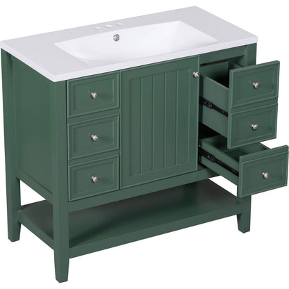 36" Bathroom Vanity with Sink Combo, One Cabinet and Three Drawers, Solid Wood and MDF Board, Green