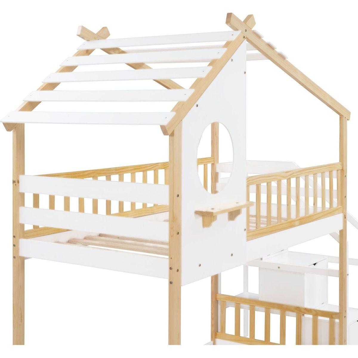 Stairway Twin-Over-Twin Bunk Bed,House Bed,Storage and Guard Rail,Natural Bed +White Stair