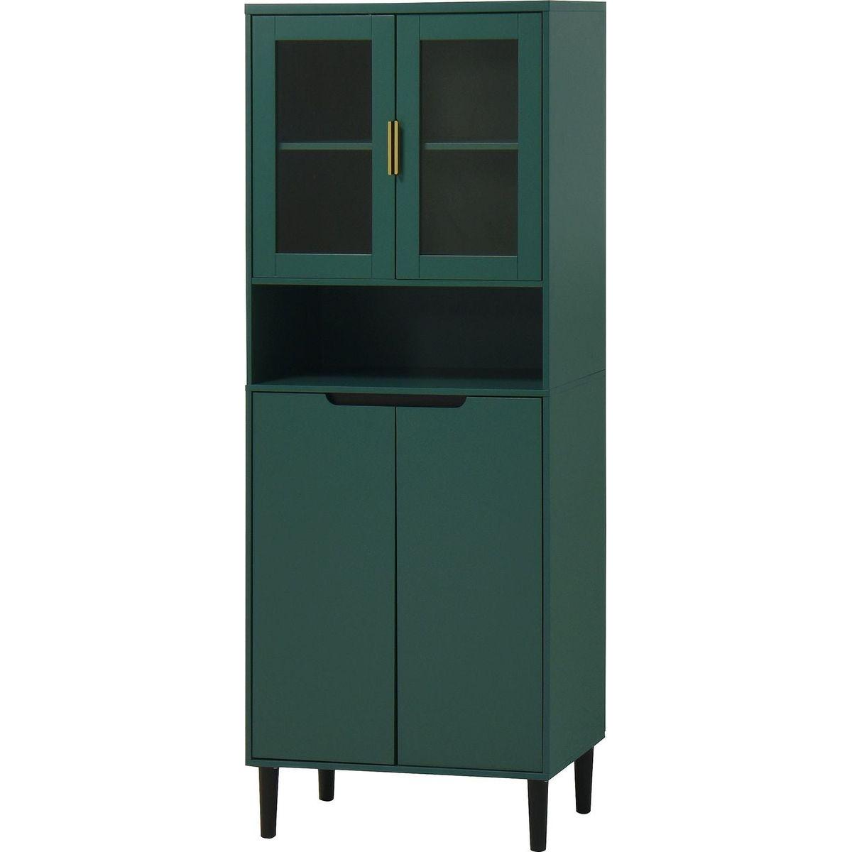 Tall Storage Show Cabinet with 2 Glass Display Door & 2 Doors, Tall Kitchen Pantry Cabinet with Gold Handles, Modern Cabinet Freestanding for Bathroom, Dining Living Room, Green