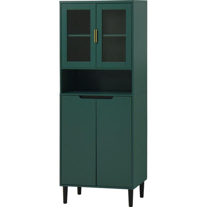 Tall Storage Show Cabinet with 2 Glass Display Door & 2 Doors, Tall Kitchen Pantry Cabinet with Gold Handles, Modern Cabinet Freestanding for Bathroom, Dining Living Room, Green