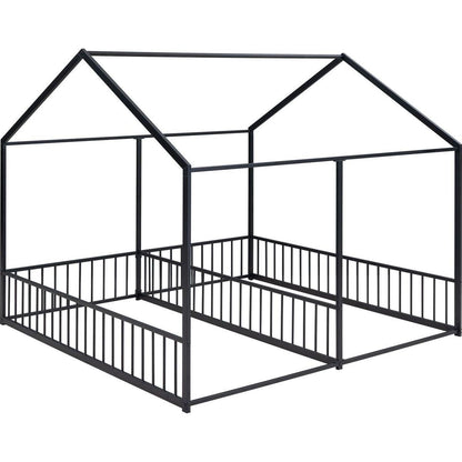 Metal Twin Size House Platform Beds, Two Shared Beds, Black