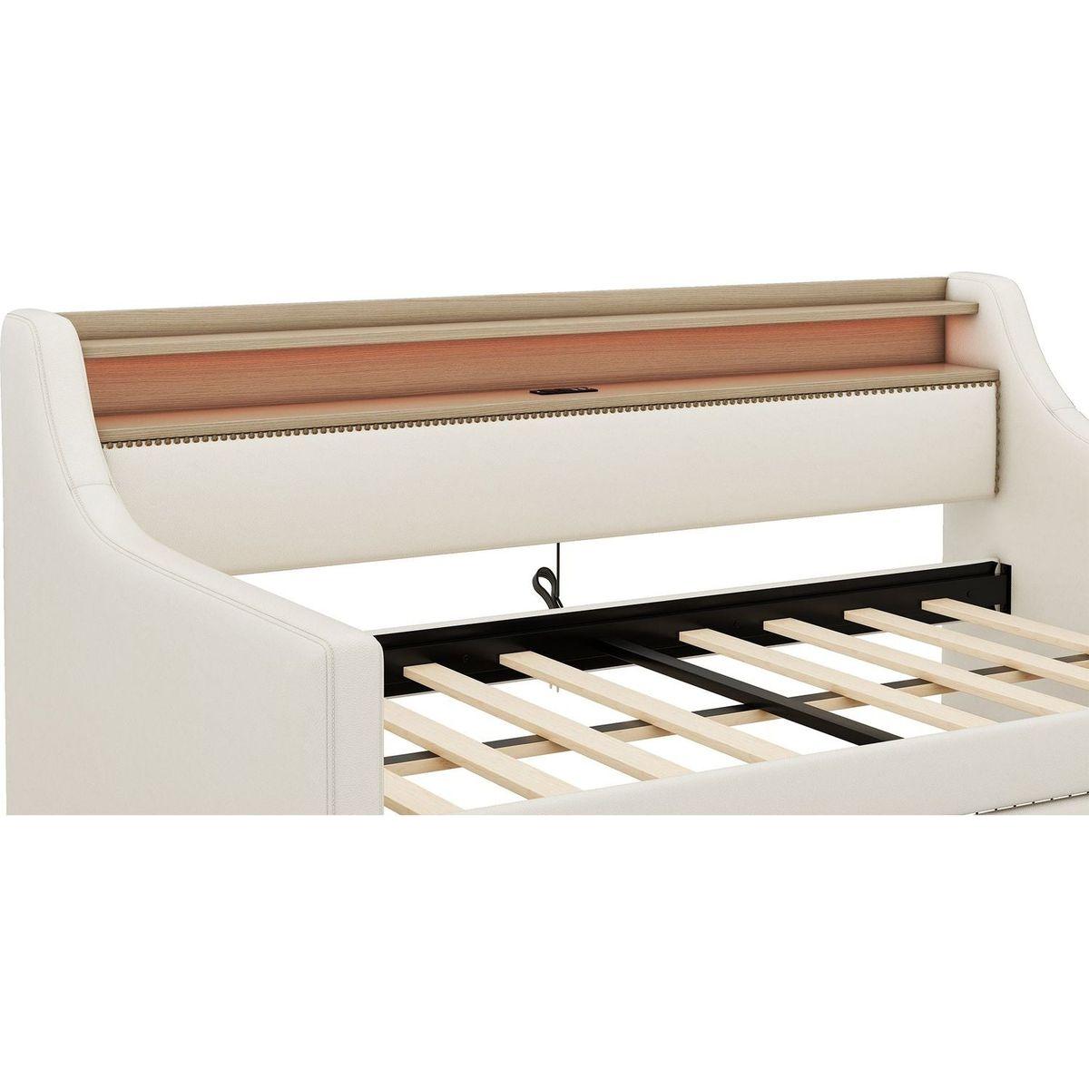 Twin Size Daybed with Storage Drawers, Upholstered Daybed with Charging Station and LED Lights, Beige