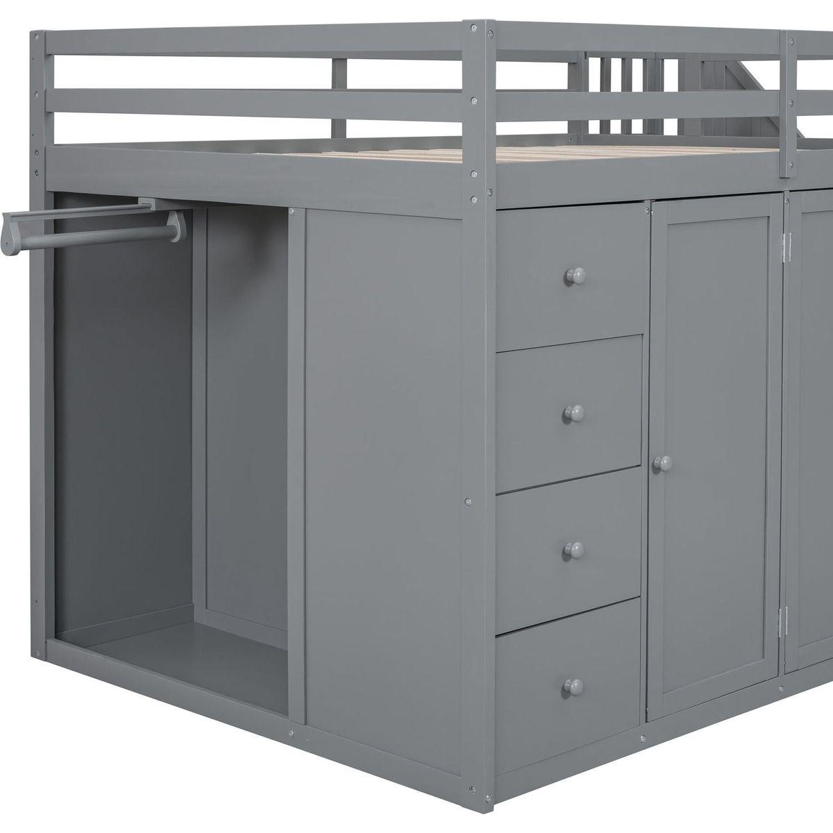 Full Size Wood Loft Bed With Built-in Wardrobes, Cabinets and Drawers, Gray
