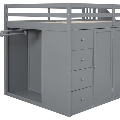Full Size Wood Loft Bed With Built-in Wardrobes, Cabinets and Drawers, Gray