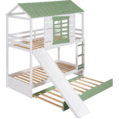 Twin over Twin Size House Bunk Bed with Convertible Slide and Trundle, White+Green