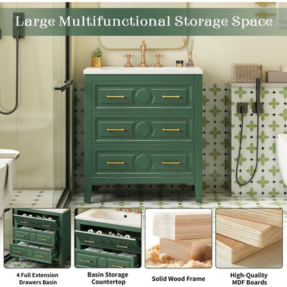 30" Bathroom Vanity with Resin Sink Combo, Free Standing Single Vanity Set with 3 Drawers, Solid Wood Frame Bathroom Storage Cabinet, Green