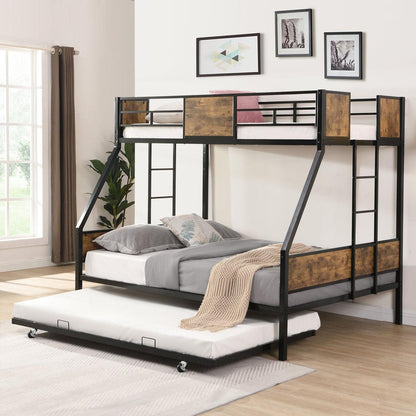 Twin Over FULL Metal Bunk Bed with Trundle 2 - Side Ladder and Full-Length Guardrail, No Box Spring Needed, Large Under Bed Storage, Easy Assemble, Black & Brown