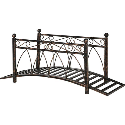 3.3' Metal Arch Zen Garden Bridge with Safety Siderails, Decorative Footbridge, Delicate Scrollwork & Corner Spheres for Stream, Fish Pond, Bronze