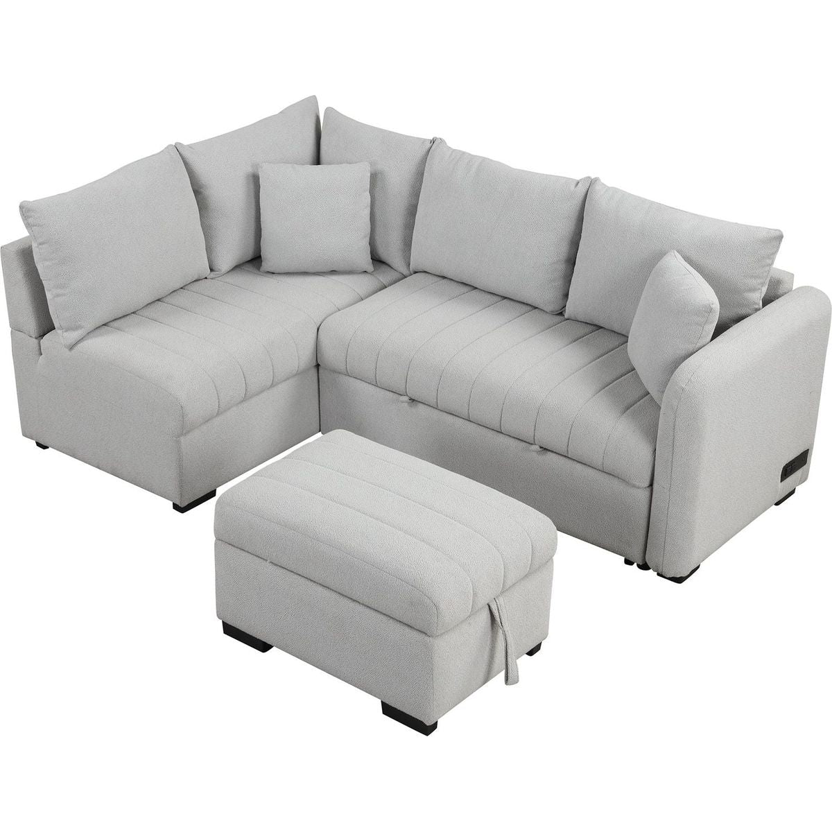 82.6" L-shaped Sectional Pull Out Sofa Bed Sleeper Sofa with Two USB Ports, Two Power Sockets and a Movable Storage Ottoman, Gray